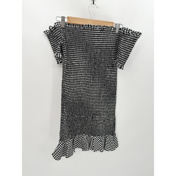WAYF Dress Women MEDIUM NWT Black White Gingham Smocked Off Shoulder Mini - Picture 1 of 9